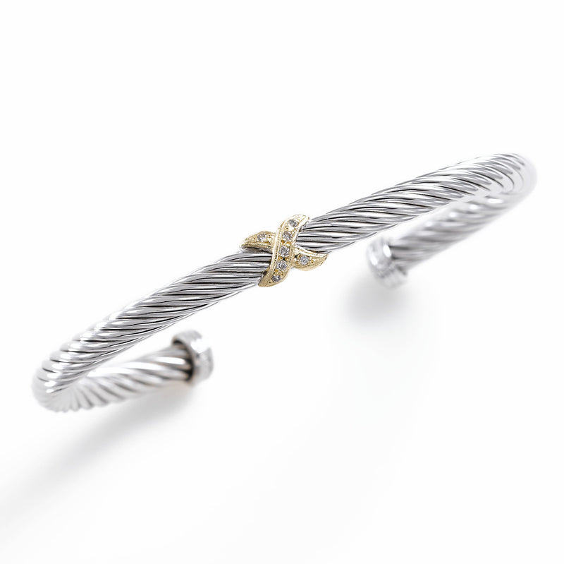 Sterling Rope Cuff with Diamonds, Sterling Silver and 14K Yellow Gold