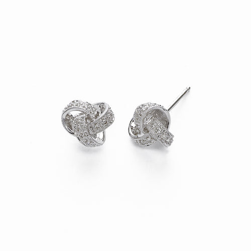 Diamond Knot Button Earrings, 14K White Gold