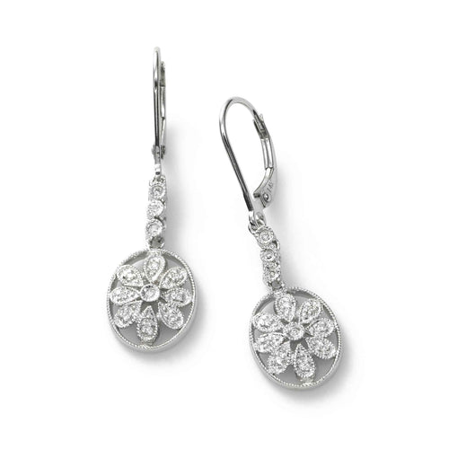 Oval Floral Design Diamond Earring, 14K White Gold