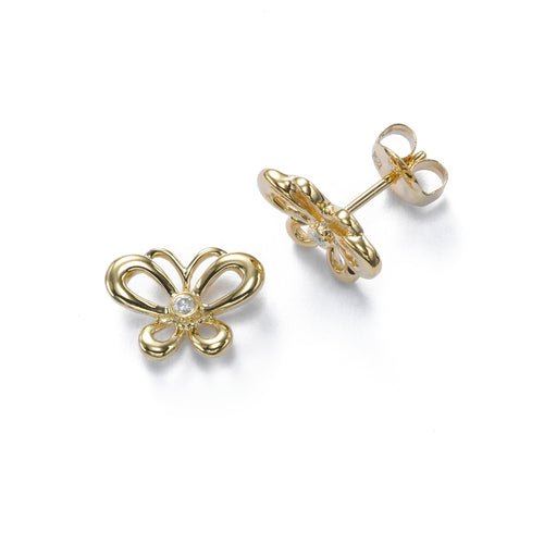 Petite Butterfly Earrings with Diamond Accent, 14K Yellow Gold