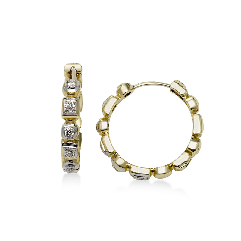 Multi Shape Bezel Diamond Hoop Earrings, 14 Karat Gold