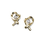 Heart Ribbon Earrings with Diamond Center, 14K Yellow Gold