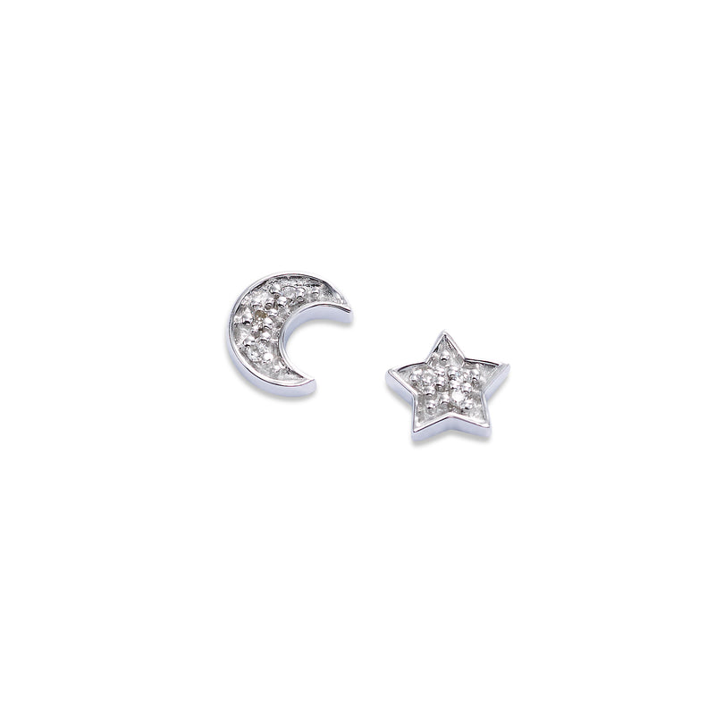 Diamond Moon and Star Stud Earrings, 14K White Gold