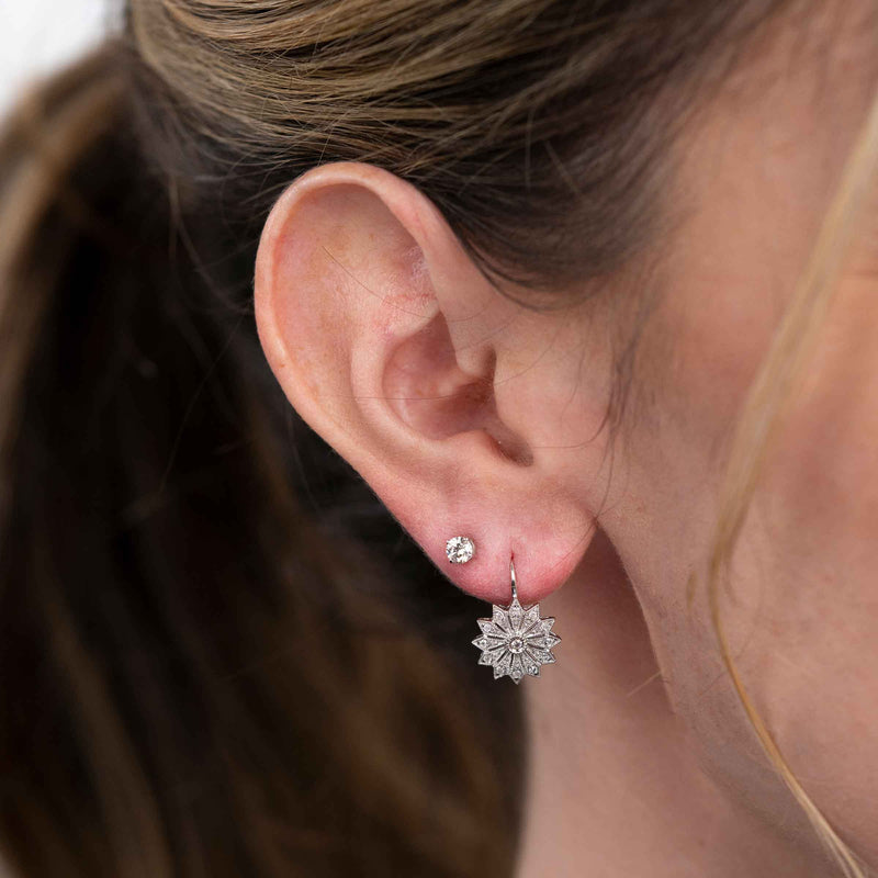 Flower Design Pavé Diamond Earrings, 14K White Gold