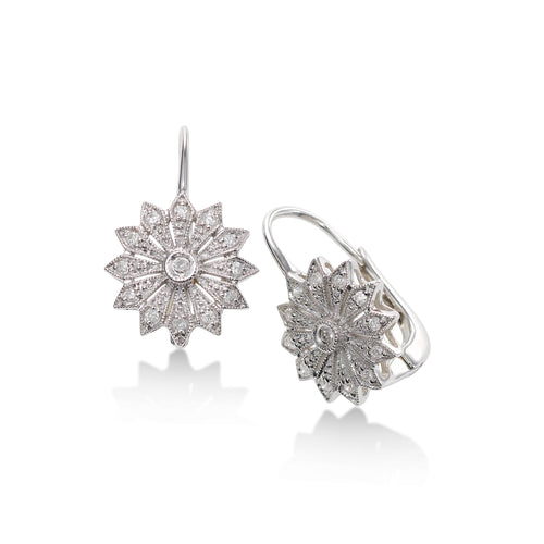 Flower Design Pavé Diamond Earrings, 14K White Gold