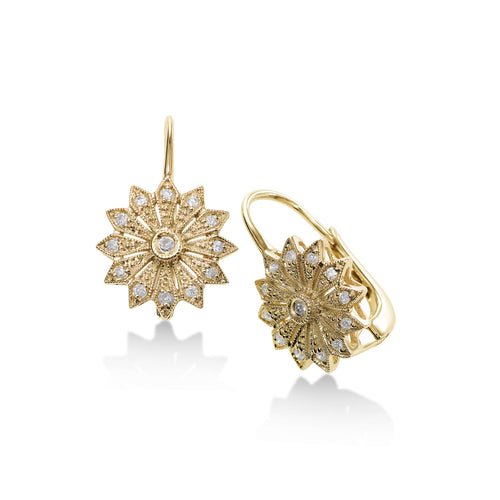 Flower Design Pavé Diamond Earrings, 14K Yellow Gold