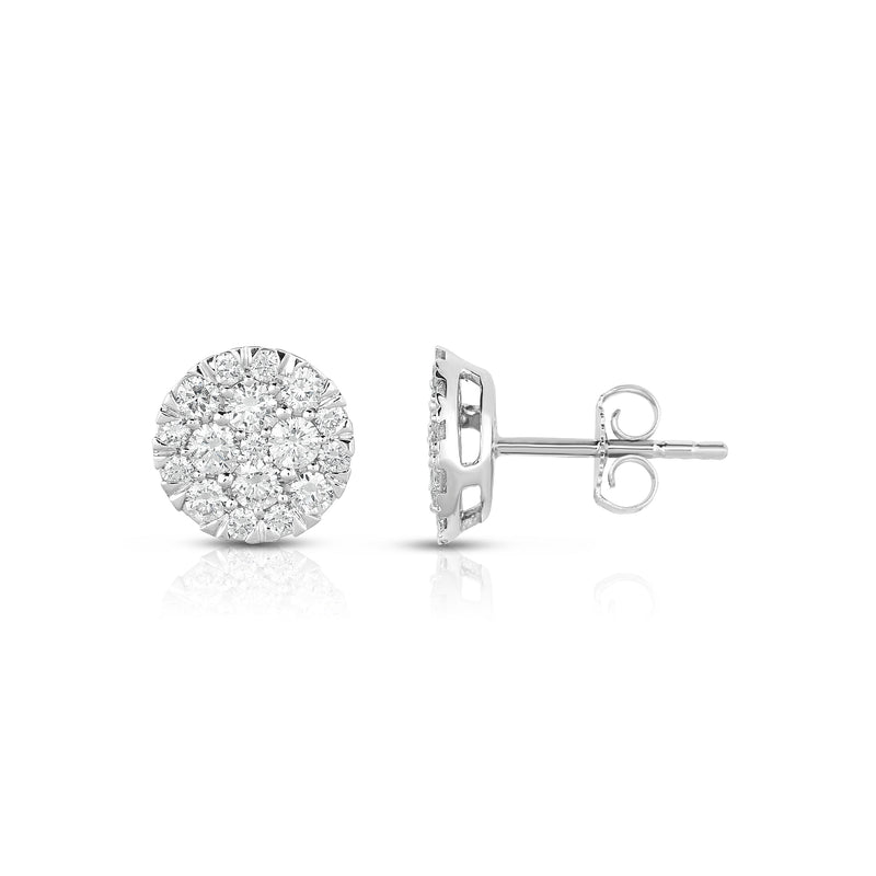 Round Diamond Cluster Earrings, .98 Carat, 14K White Gold