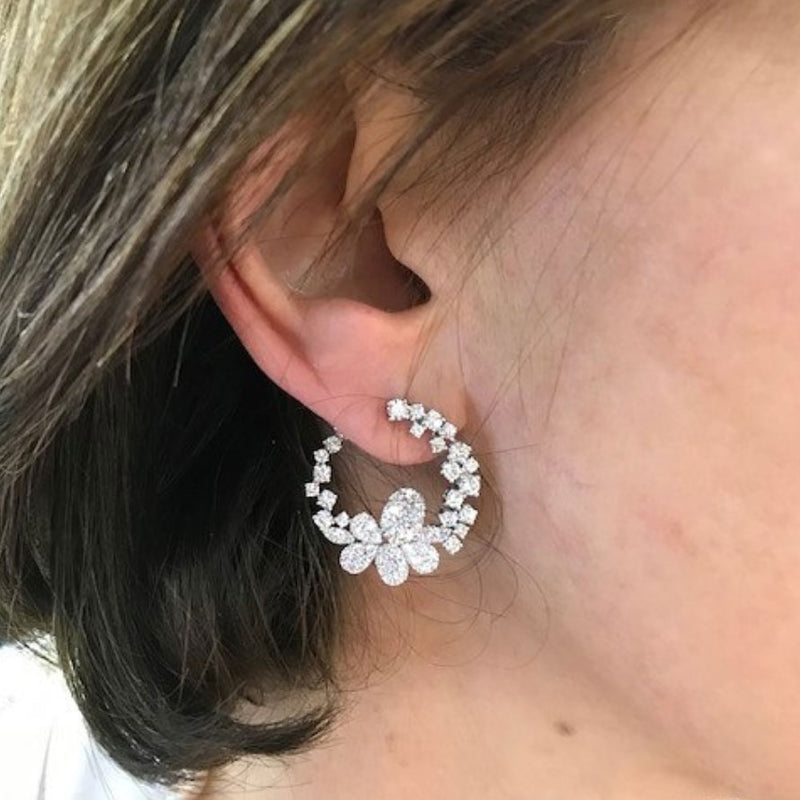 Elegant Diamond Flower Petal Earrings, 18K White Gold