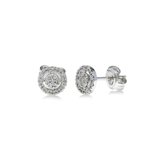 Diamond Cluster with Open Halo Button Earrings, 14K White Gold