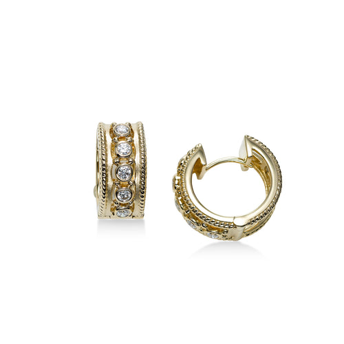 Bezel Set Diamond Huggie Hoop Earrings, 14K Yellow Gold