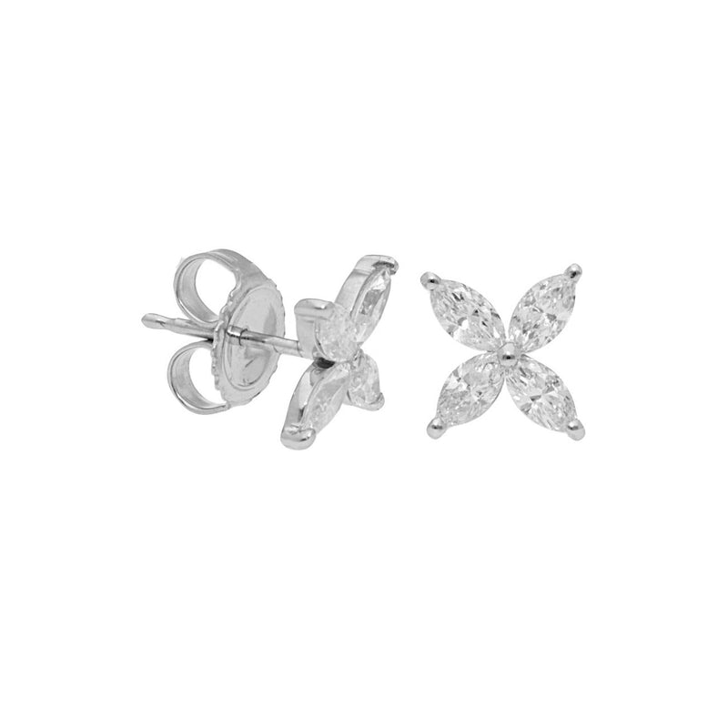 Four Petal Diamond Flower Earrings, 18K White Gold