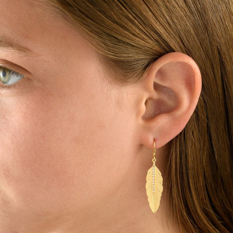 Diamond Feather Dangle Earrings, 14K Yellow Gold