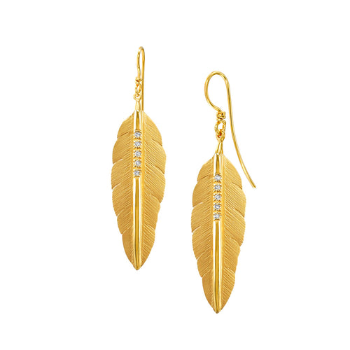 Diamond Feather Dangle Earrings, 14K Yellow Gold