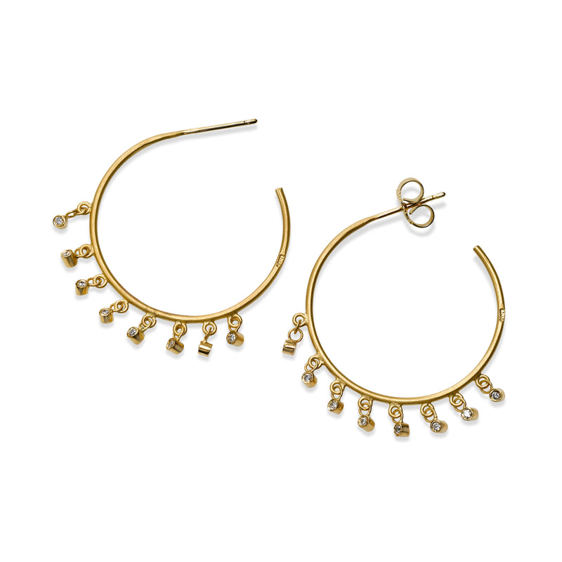 Hoop Earrings with Diamond Dangles, 1 Inch, 14K Yellow Gold
