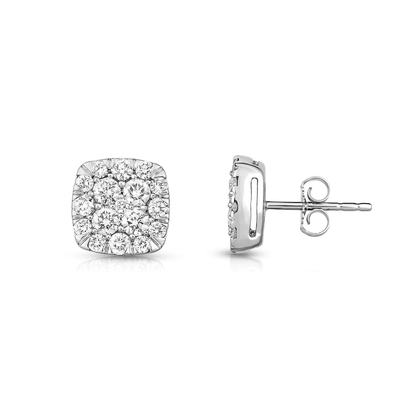 Square Diamond Cluster Earrings, 1.50 Carats, 14K White Gold