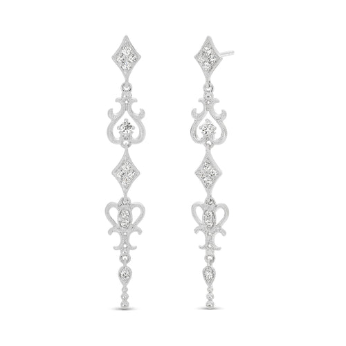Vintage Style Diamond Dangle Earrings, 14K White Gold
