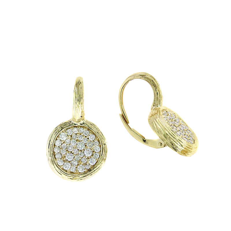 Round Pavé Diamond Drop Earrings, 14K Yellow Gold