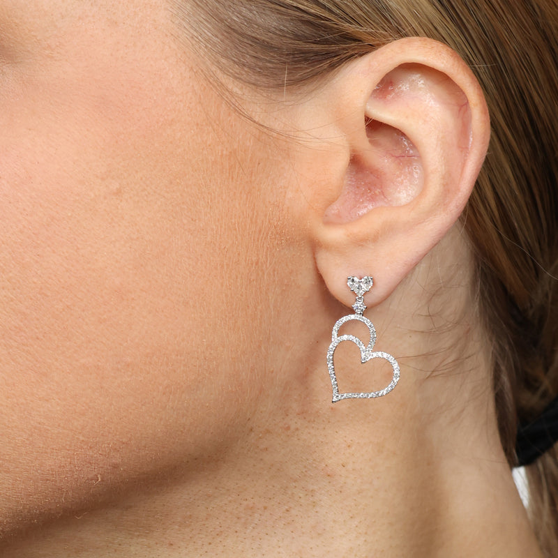Diamond Heart Dangle Earrings, 18K White Gold