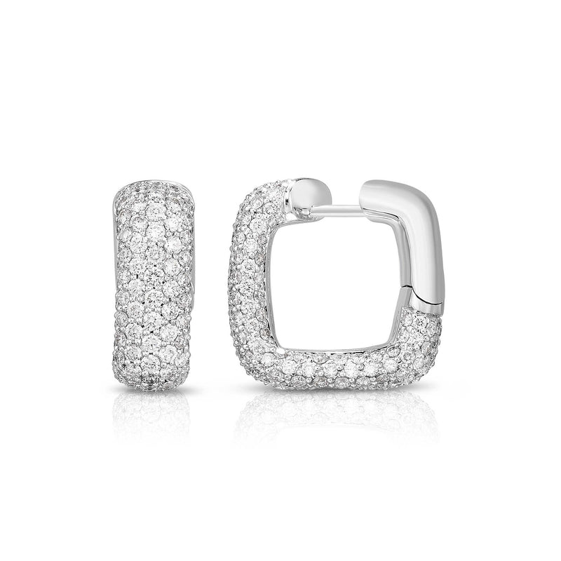 Squared Pavé Set Diamond Hoop Earrings, 14K White Gold