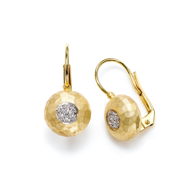 Pavé Diamond Hammered Leverback Earrings, 14K Yellow Gold