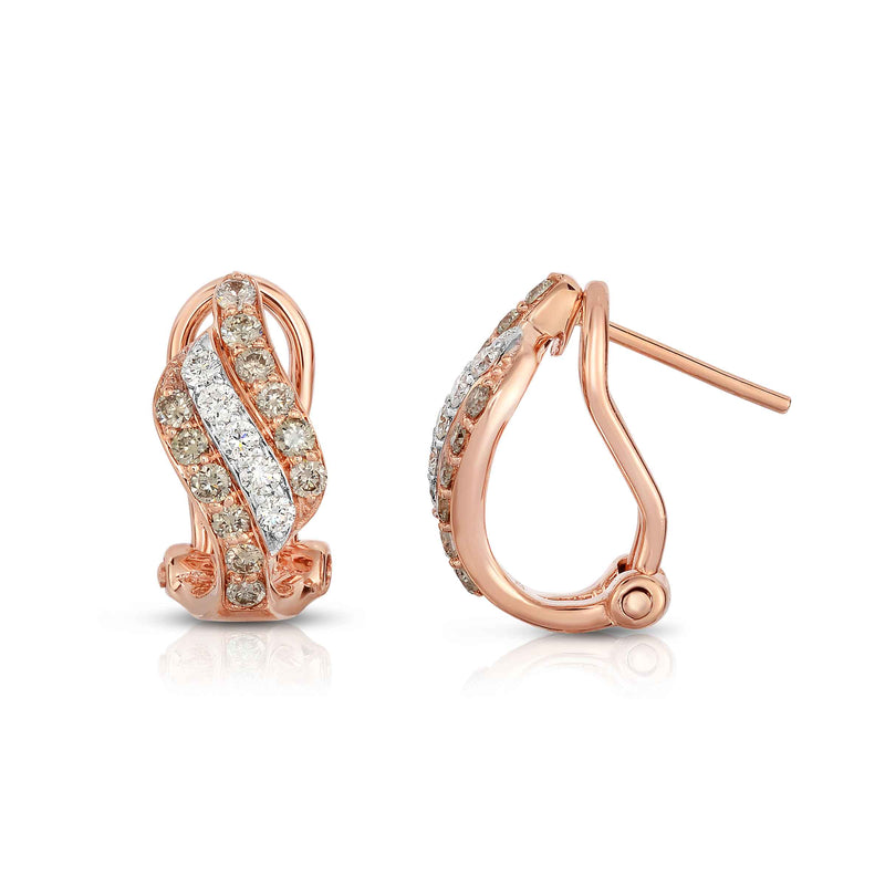 Swirl Earrings with Brown and White Diamonds, 14K Rose Gold