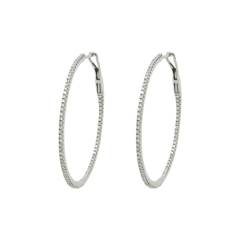 Skinny Inside Out Diamond Hoops, 1.25 Inches, 14K White Gold