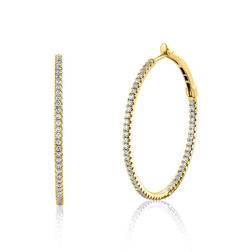 Thin 1.10 Carats Diamond Hoop Earrings, 1.80 Inches, 14K Yellow Gold