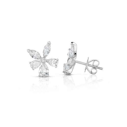 Diamond Flower Stud Earrings, 2.25 Carats, 14K White Gold