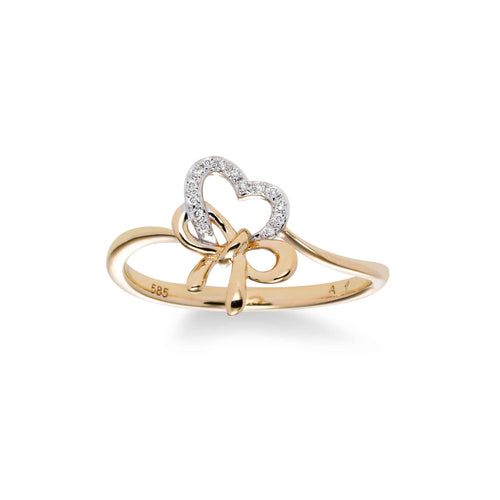Petite Diamond Heart Bow Ring, 14K Yellow Gold