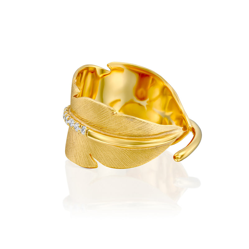 Feather Shaped Diamond Ring, 14K Yellow Gold