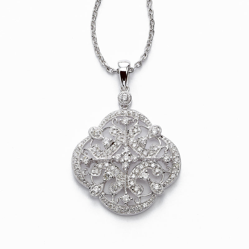 Vintage Design Diamond Pendant, 14K White Gold