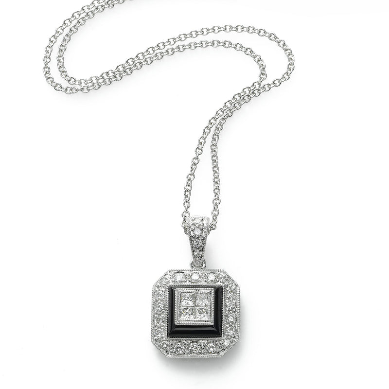 Vintage Style Diamond Pendant, Black Agate, 18K White Gold