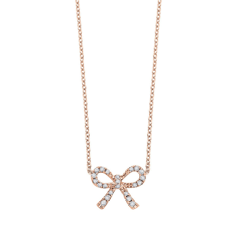 Diamond Bow Necklace, .10 Carat, 14K Rose Gold