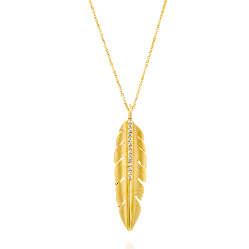 Elongated Diamond Feather Pendant, 14K Yellow Gold