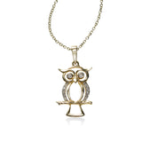 Two Tone Owl Pendant with Diamonds, 14 Karat Gold