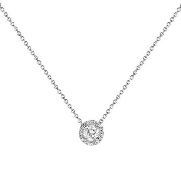 Round Diamond with Halo Necklace, 14K White Gold