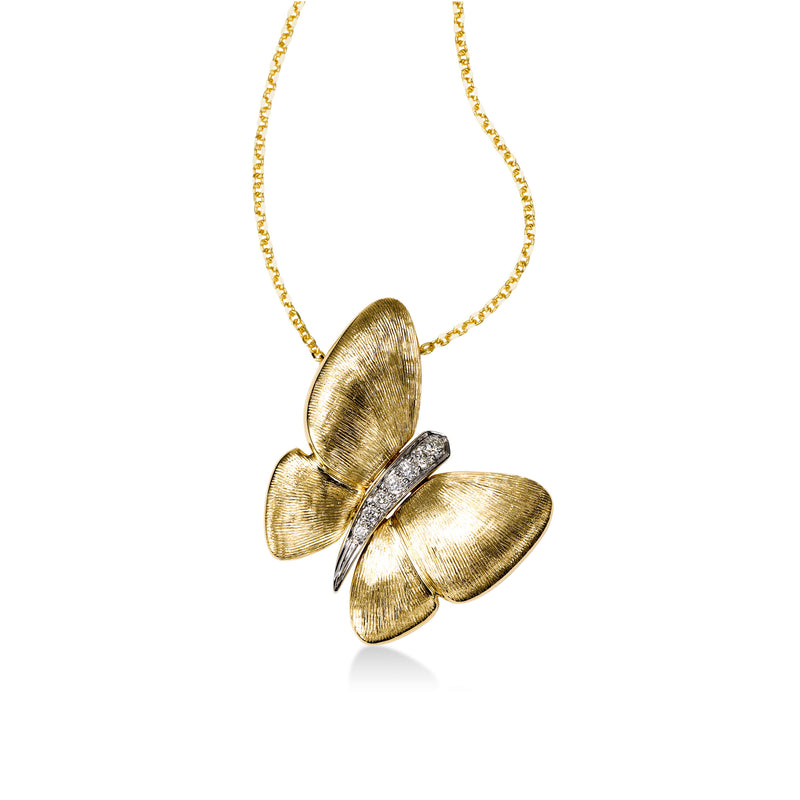 Textured Butterfly Pendant with Diamonds, 14K Yellow Gold