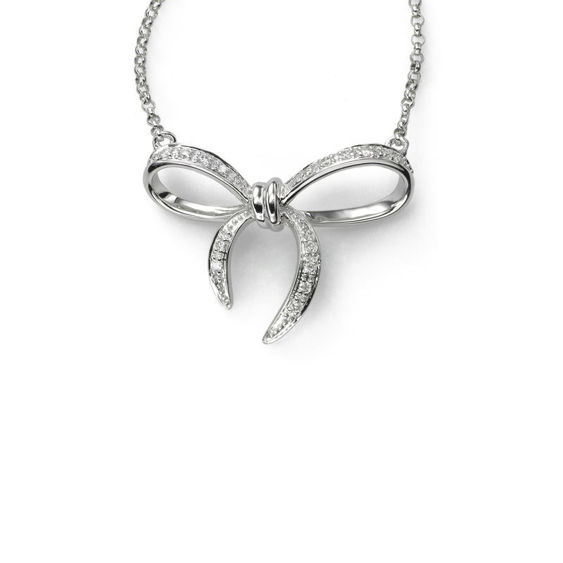 Diamond Bow Necklace, 16 Inches, 14K White Gold