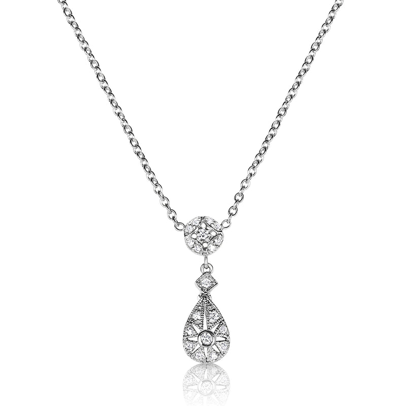 Vintage Style Pavé Diamond Drop Necklace, 14K White Gold