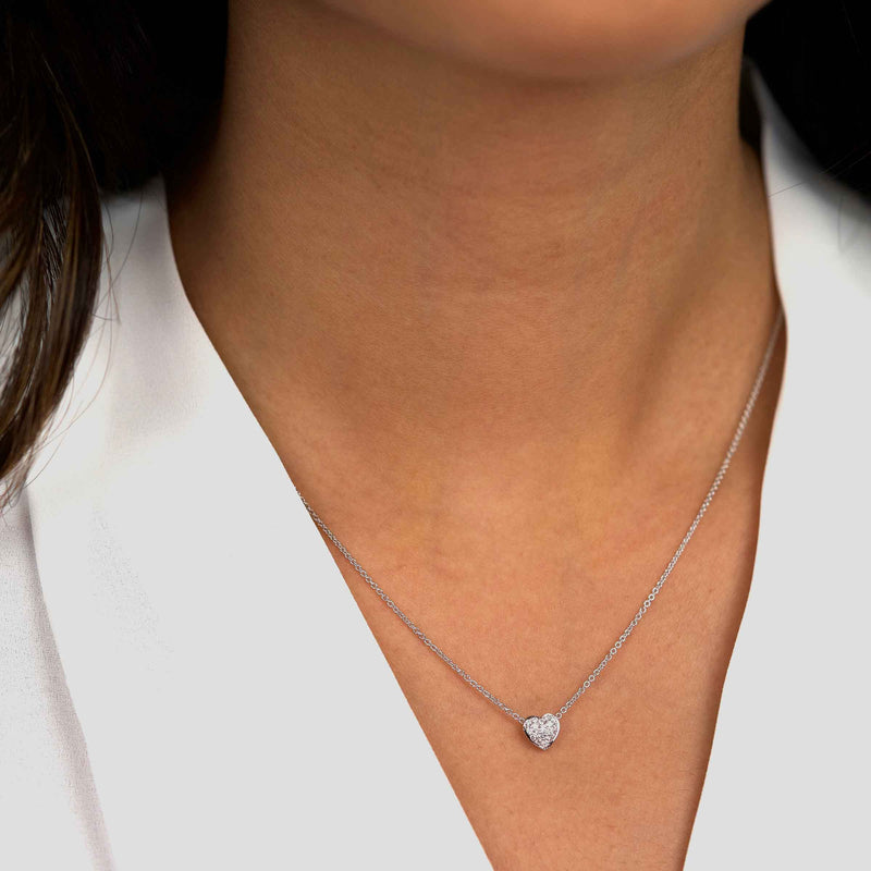 Small Pavé Diamond Heart Necklace, 14K White Gold