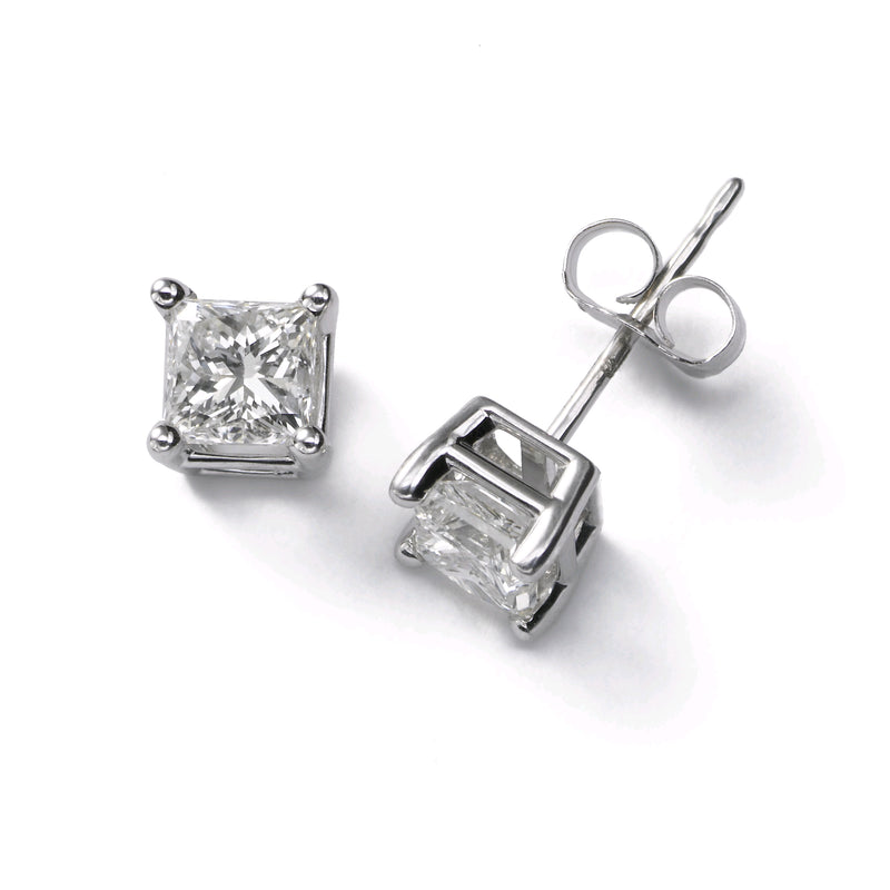 Princess Cut Diamond Stud Earrings, 2 Carats Total, G/H-VS2/SI1, 14K White Gold