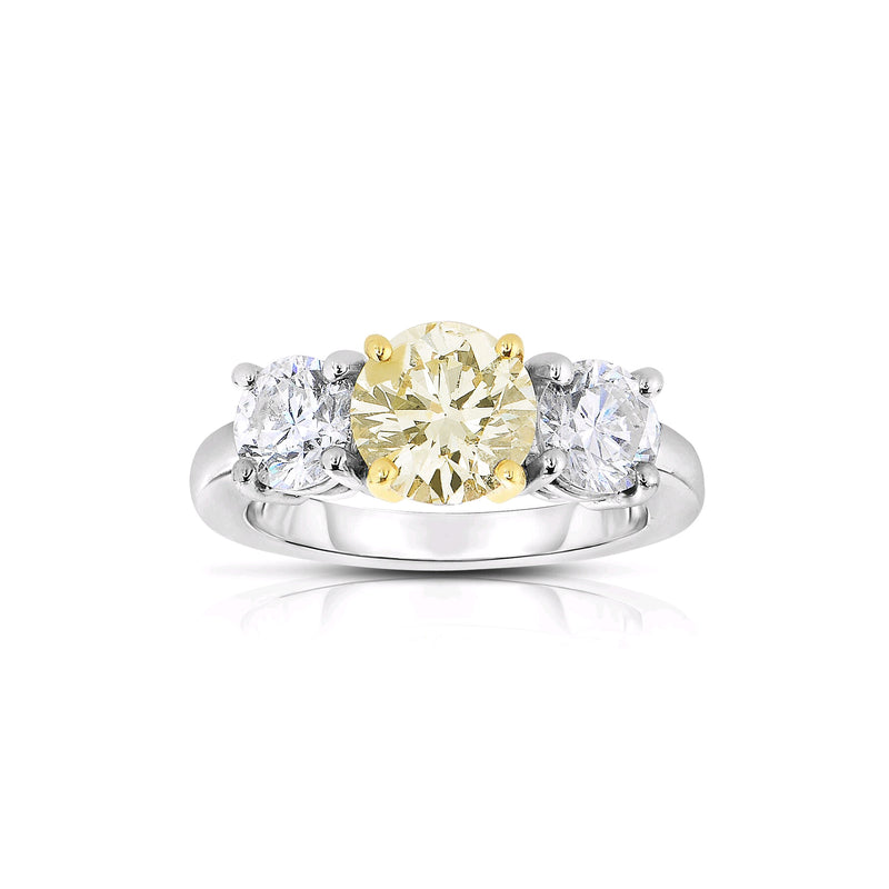Fancy Light Yellow Three Stone Diamond Ring, Platinum with 18 Karat Gold