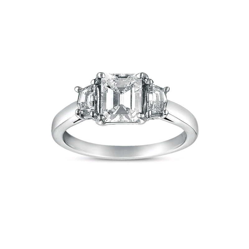 Emerald Cut Three Stone Diamond Ring, 18K White Gold