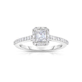 Emerald Cut Diamond Ring with Halo, 18K White Gold