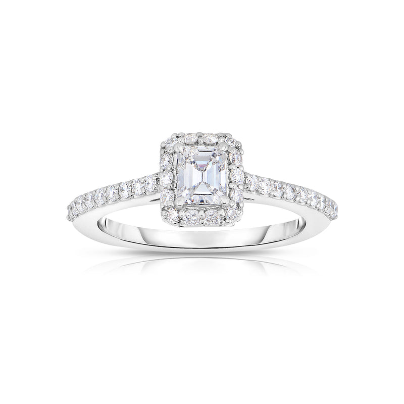 Emerald Cut Diamond Ring with Halo, 18K White Gold