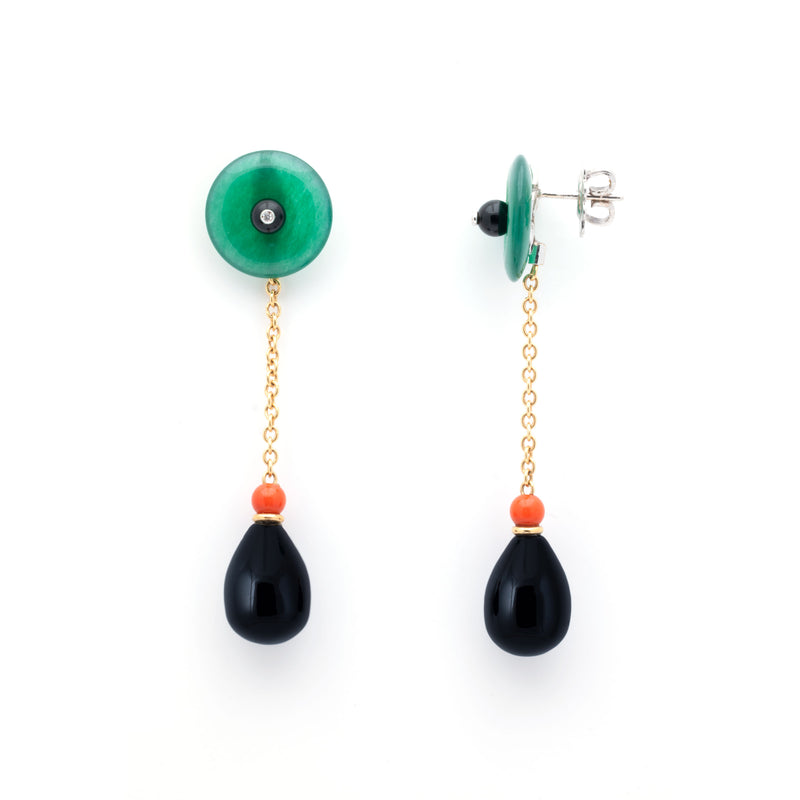 Pre-Owned Green Jade, Onyx and Coral Dangle Earrings, 18K Yellow Gold