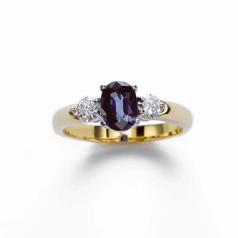 Three Stone Blue Sapphire and Diamond Ring, 14 Karat Gold