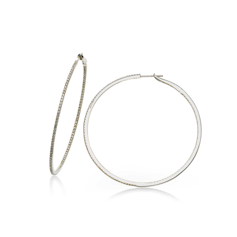 Estate Diamond Hoop Earrings, 2.25 Inches, 18K White Gold