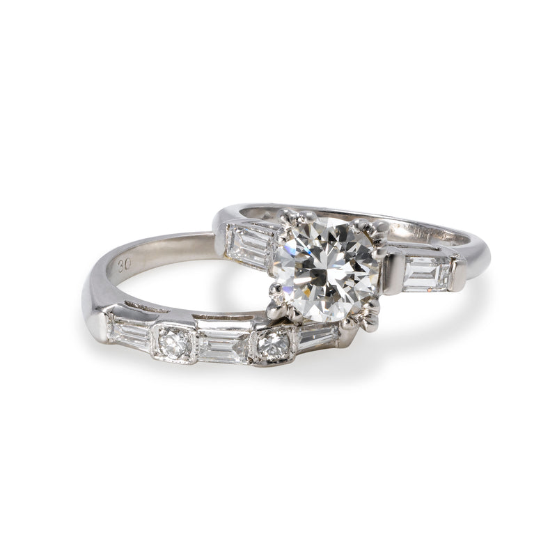Round and Baguette Diamond Engagement Ring Set, Platinum