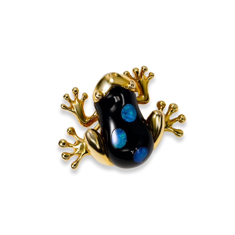 Pre-Owned Black Onyx and Opal Frog Pin, 14K Yellow Gold